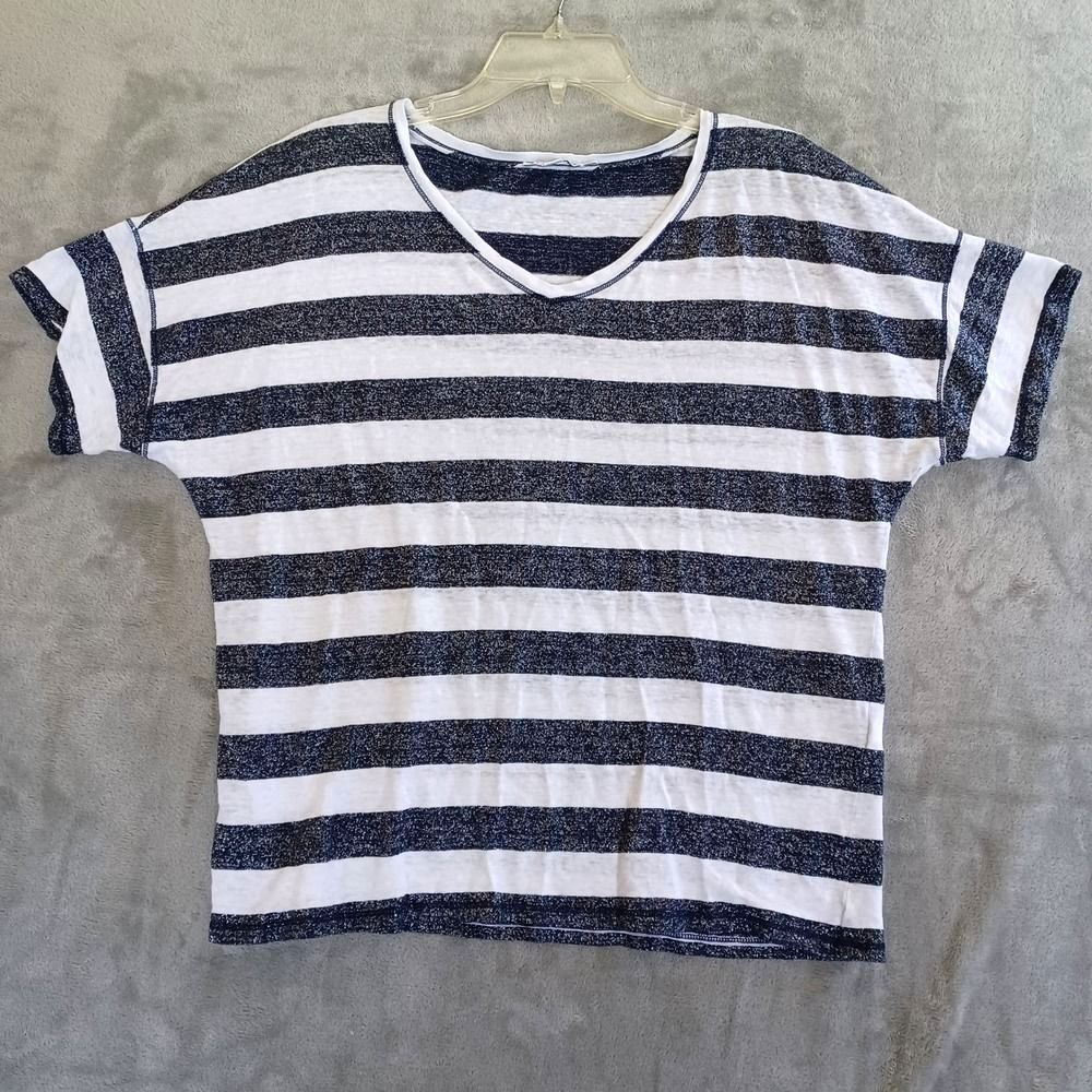 Chicos Tee Top 2 / Lg‎ Nautical White Blue Sparkle Striped V Neck Linen Blend